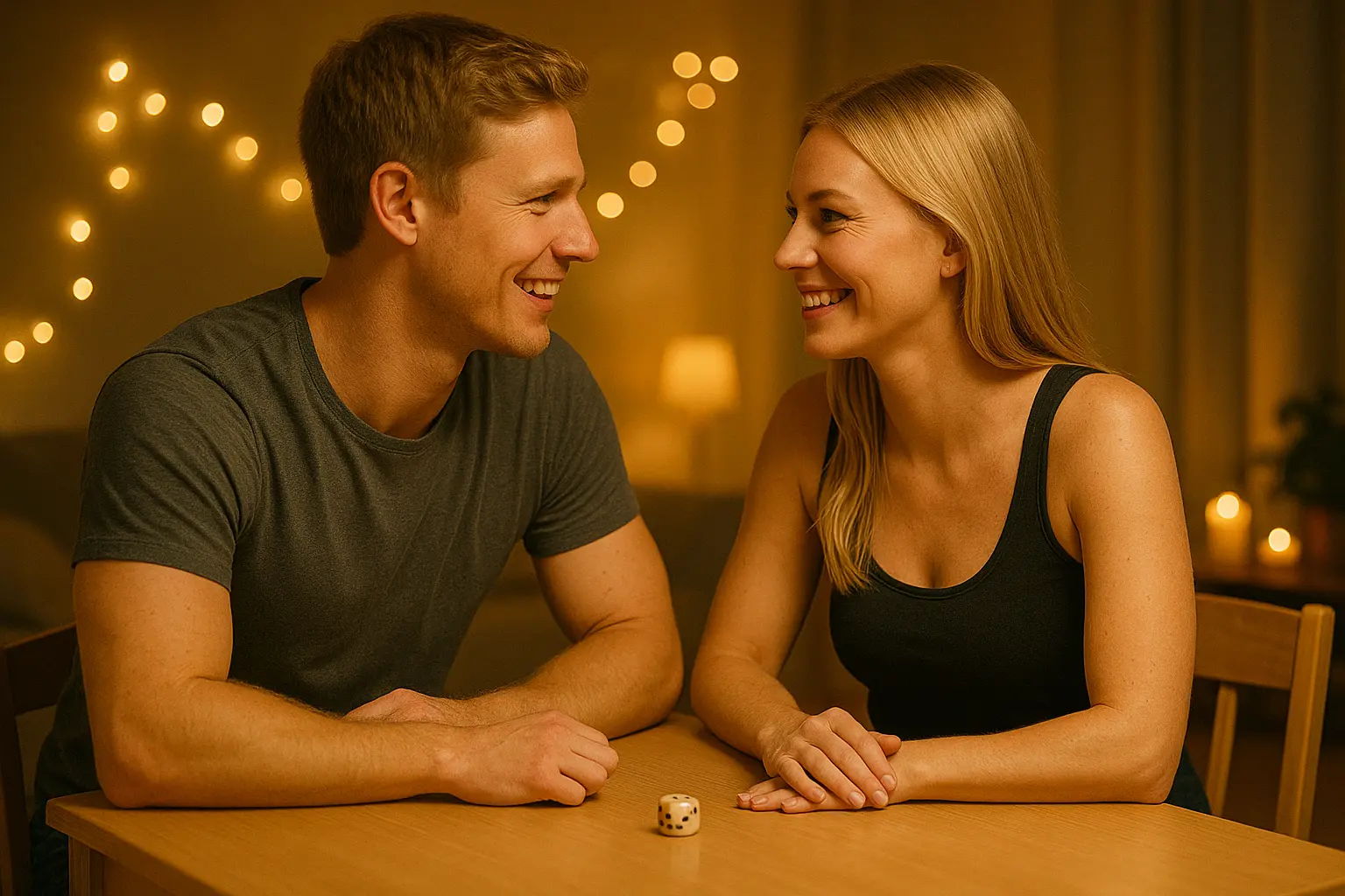 Couple Dice Game – smiling couple sitting at a table rolling a die during a romantic date night at home