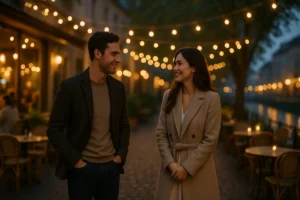 Smiling couple on a romantic evening walk with string lights, perfect inspiration for date night ideas to keep the spark alive.