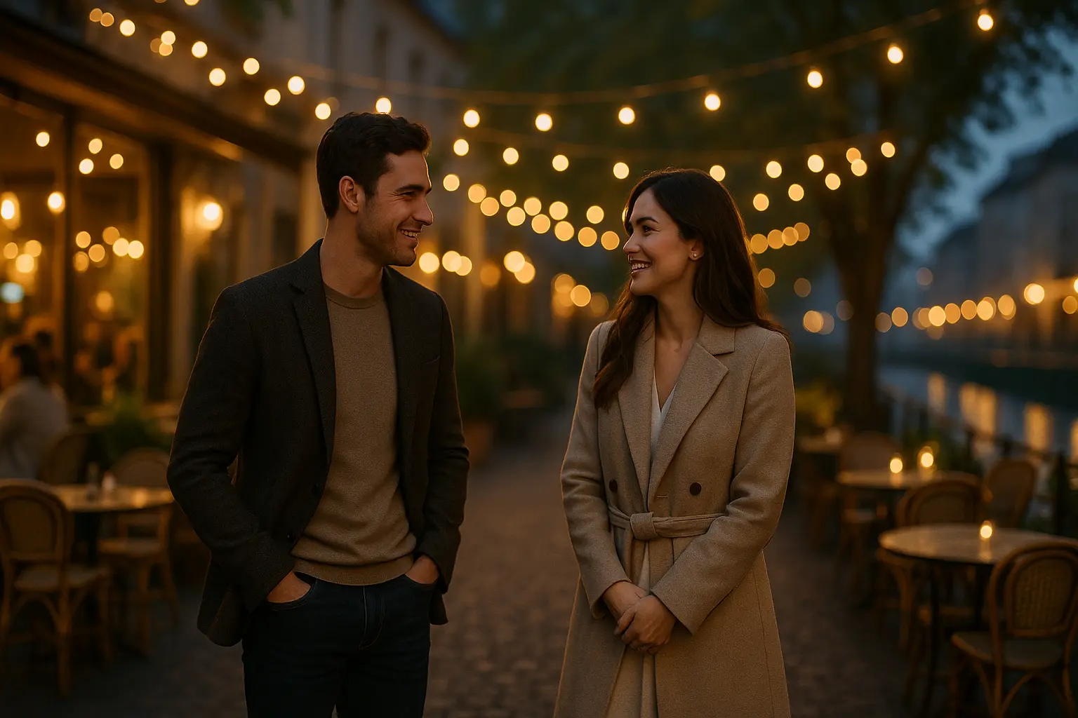 Smiling couple on a romantic evening walk with string lights, perfect inspiration for date night ideas to keep the spark alive.