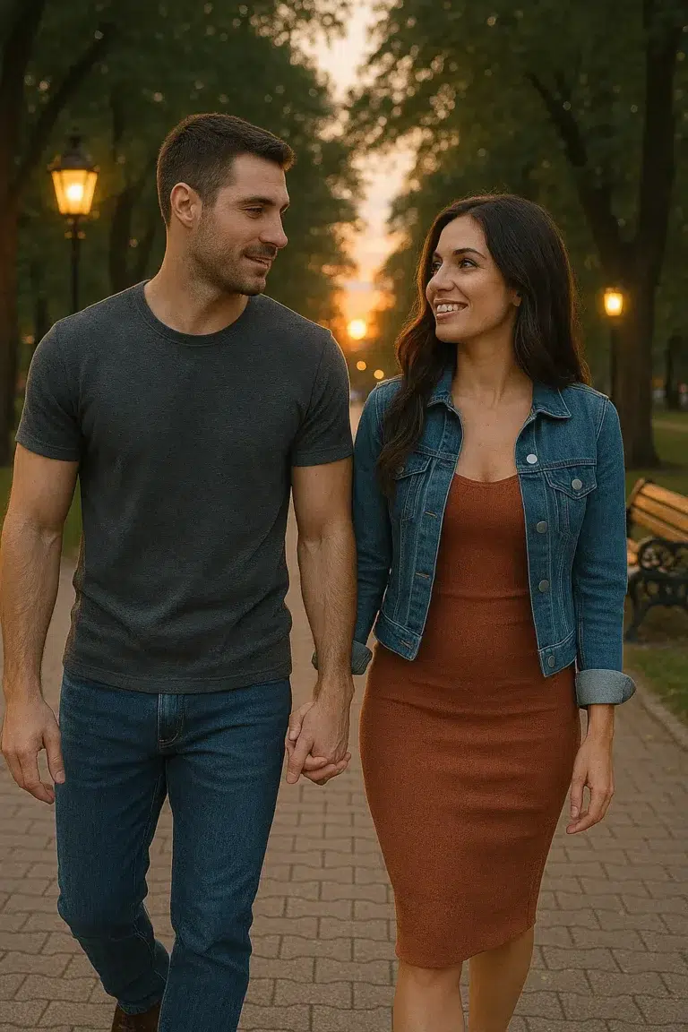 Romantic evening walk in the park – one of the easiest date night ideas for couples to feel connected.