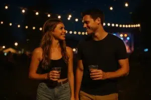 Smiling couple holding drinks at a summer music festival, sharing a flirtatious look under string lights – perfect visual for Festival RolePlay Story.