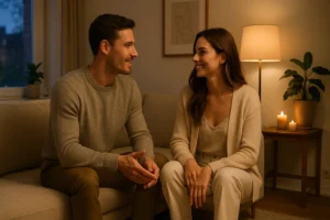 Couple sitting close on the sofa with warm candlelight creating a romantic mood while talking about their dreams in the Future Us guide.