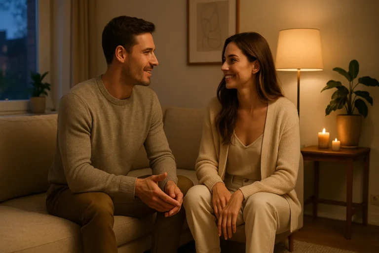 Couple sitting close on the sofa with warm candlelight creating a romantic mood while talking about their dreams in the Future Us guide.