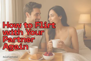 Happy couple sitting in bed, smiling at each other over breakfast and coffee - perfect example of how to flirt with partner in a playful and romantic way.