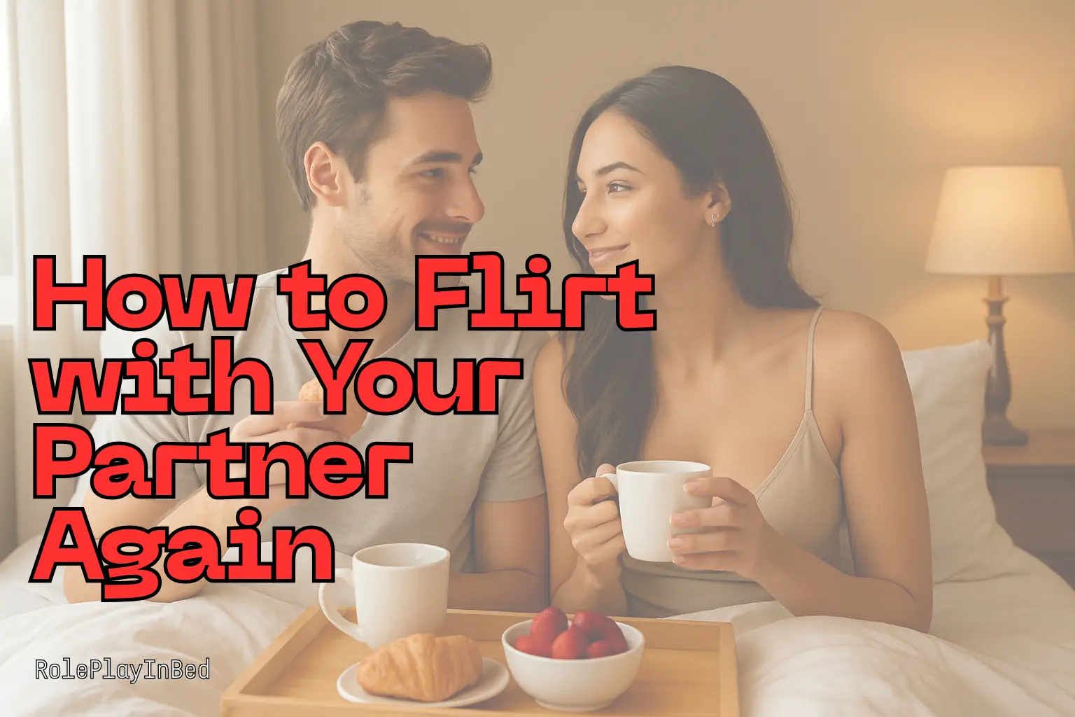 Happy couple sitting in bed, smiling at each other over breakfast and coffee - perfect example of how to flirt with partner in a playful and romantic way.