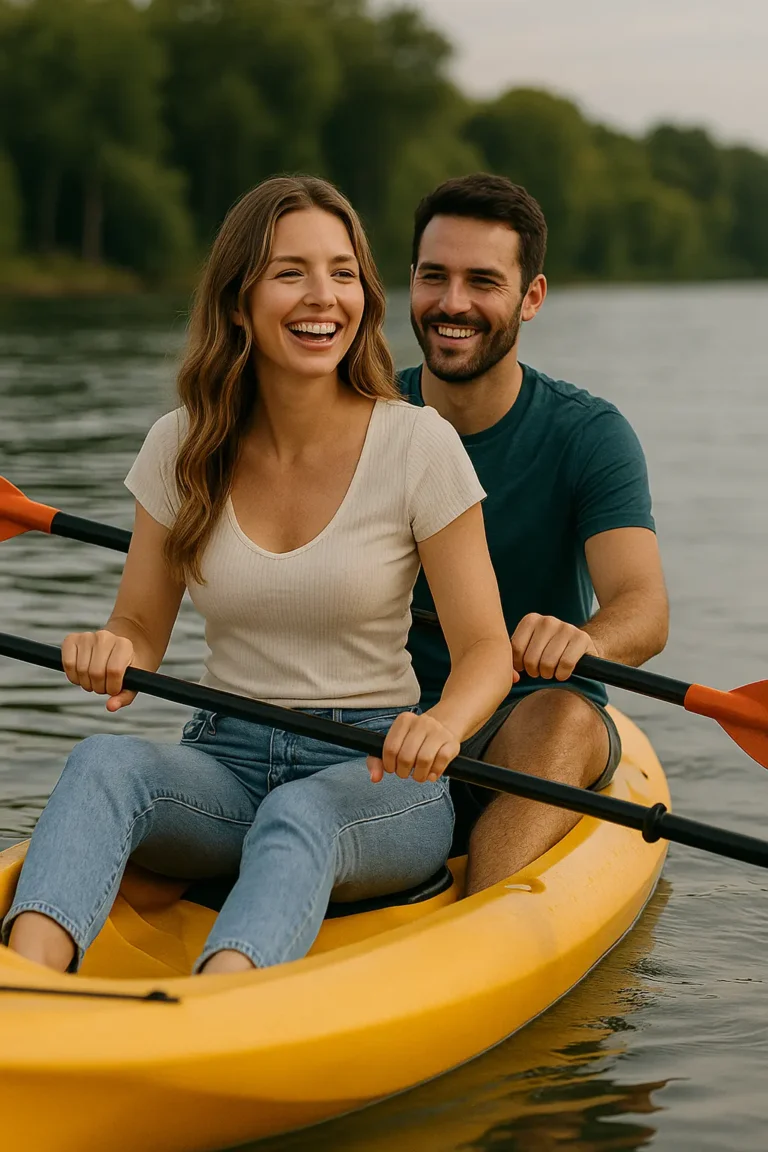 Couple kayaking together on a calm lake, laughing and enjoying the adventure – a great example of how to keep a relationship exciting through shared outdoor activities.