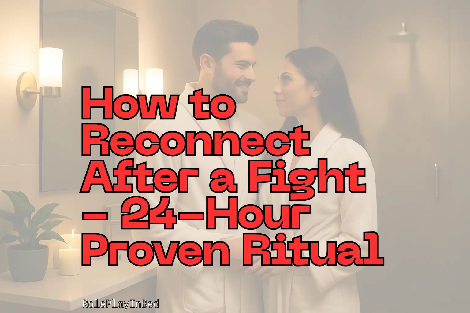 Couple in bathrobes smiling at each other in a cozy bathroom, representing intimacy and closeness – How to Reconnect After a Fight.