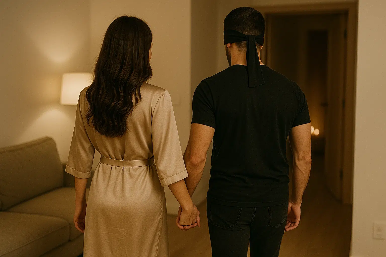 Couple holding hands while walking to the bedroom, man wearing a blindfold, showing how to use blindfolds for sex to build trust and excitement.