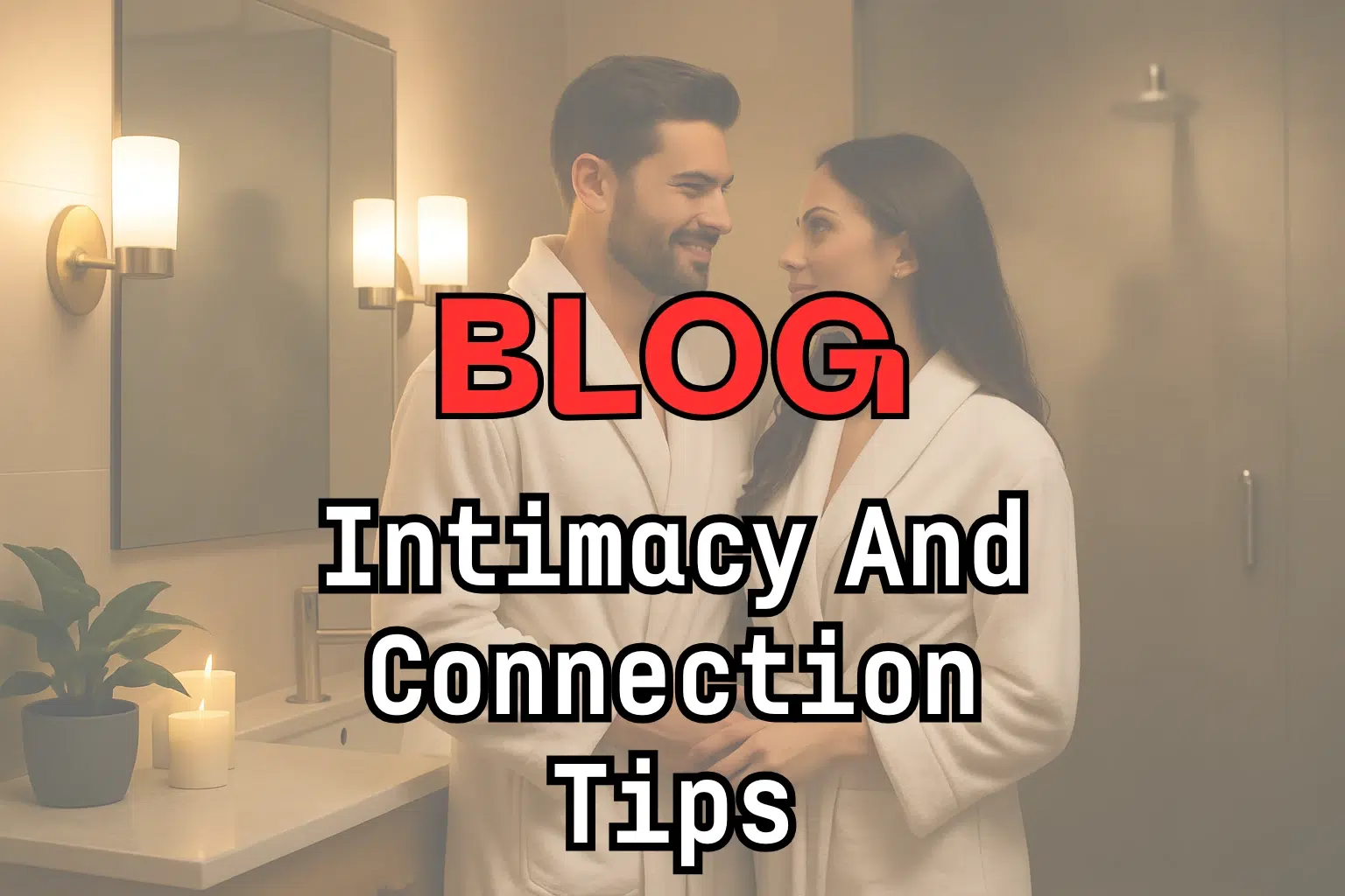 Couple standing in bathroom, holding hands and smiling – intimacy and connection tips blog cover.