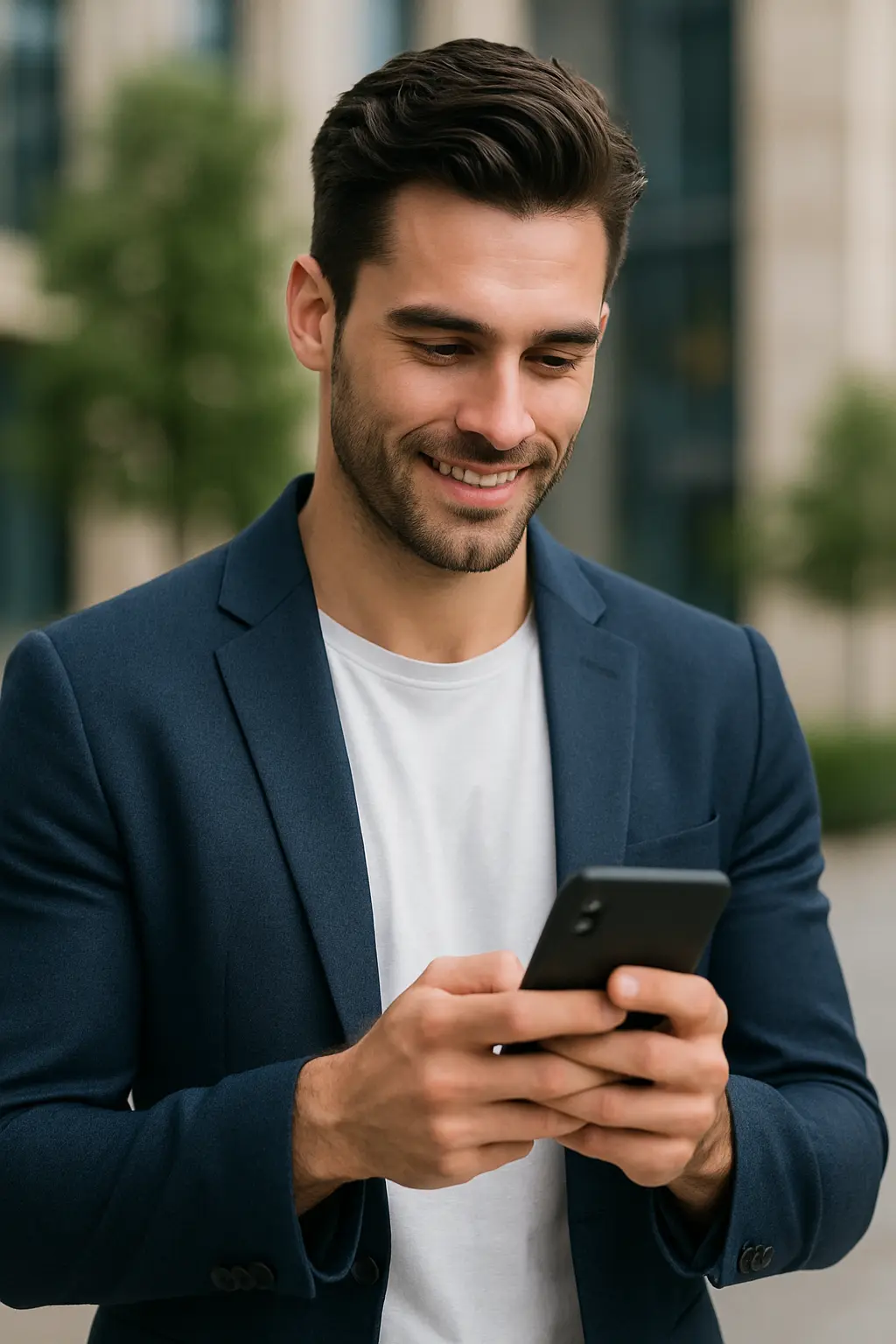 Handsome man smiling while reading a sexy message on his phone, standing outside in a casual smart outfit, feeling playful and turned on.