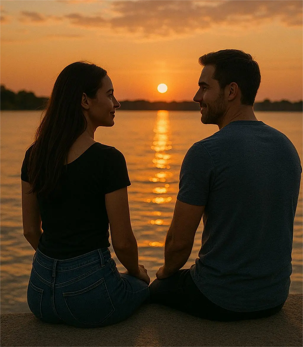 Couple sitting by the water watching the sunset – a romantic and simple date night idea for couples.