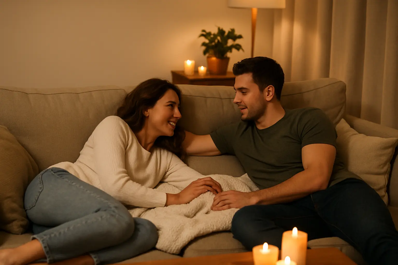 Couple relaxing on the sofa with candles and warm light while sharing The Life Map guide together