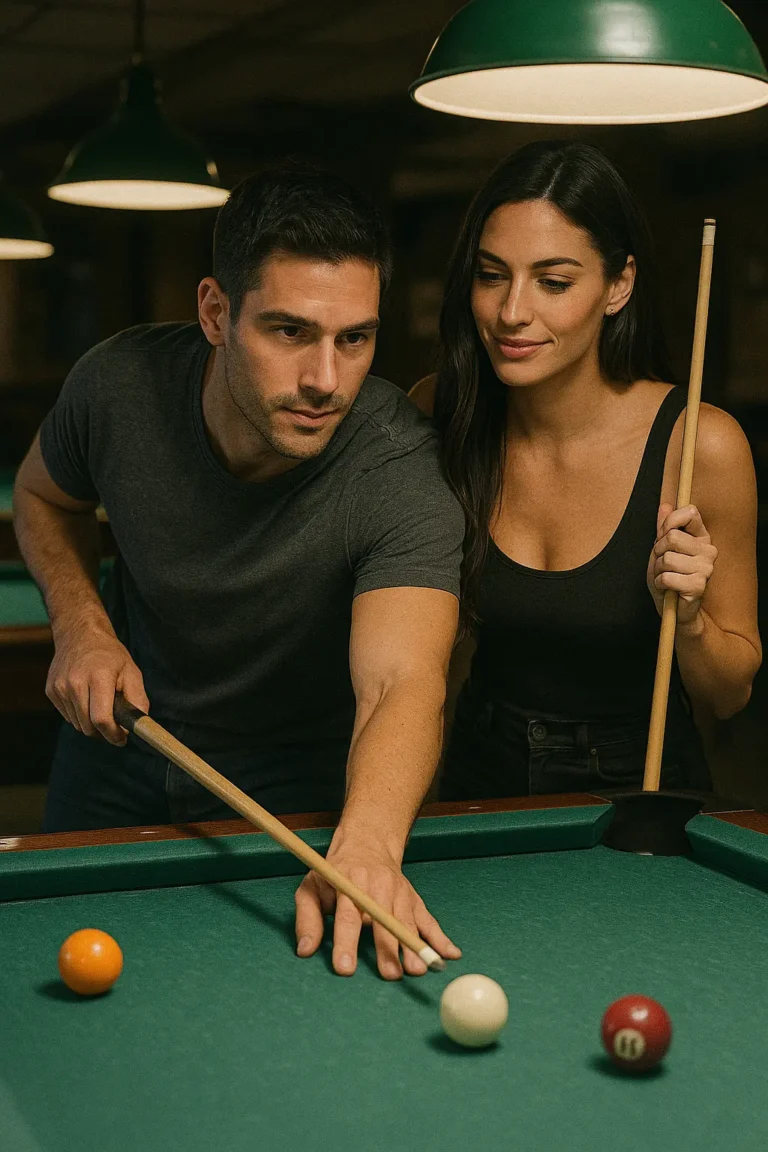 Couple playing billiards together during a night out – a fun and flirty date night ideas for couples.