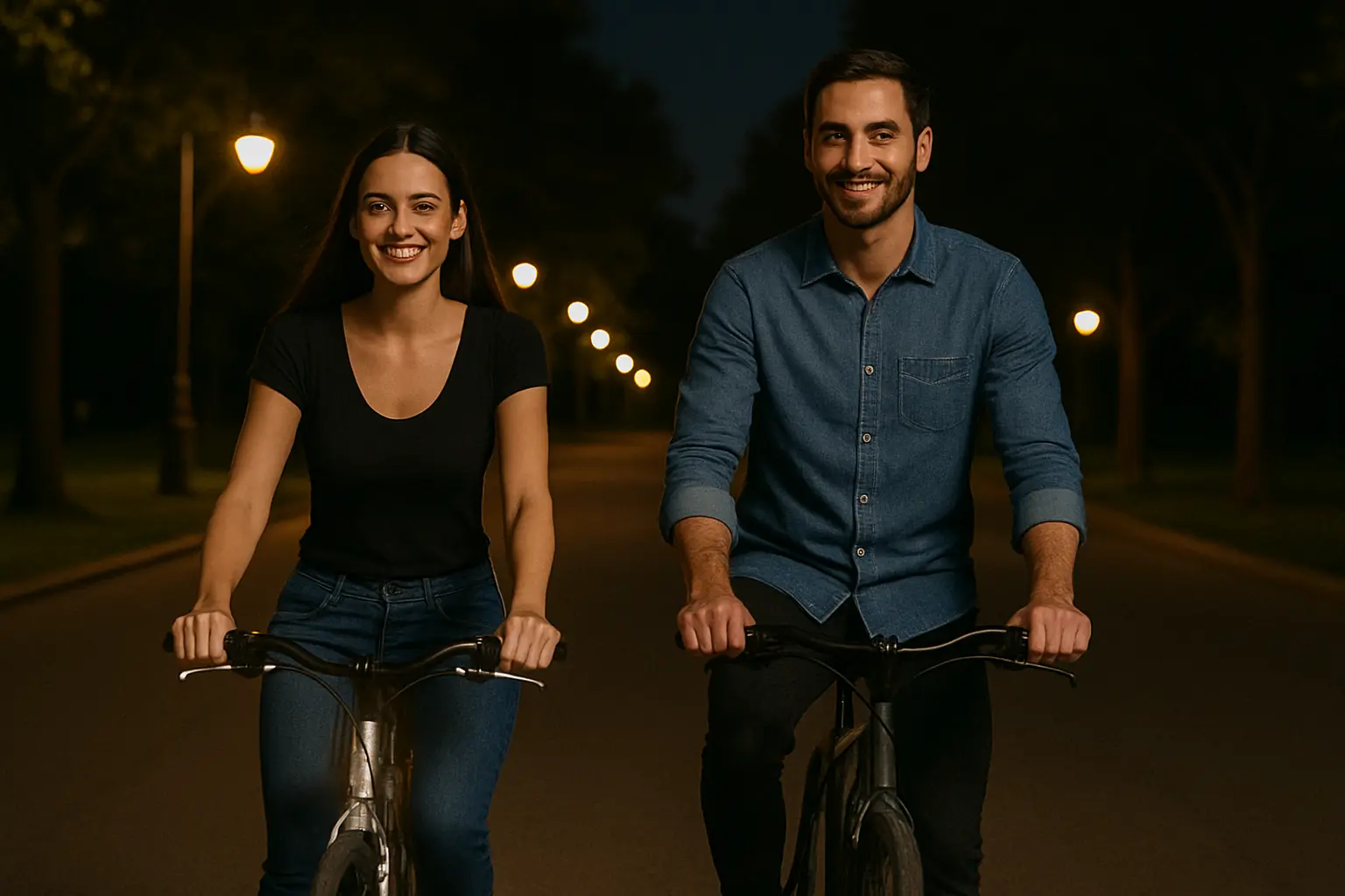 Couple riding bicycles together at night – adventurous and playful date night ideas for couples.