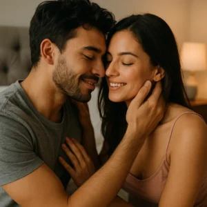 Couple enjoying best foreplay moments together with eyes closed smiling and touching gently in a warm intimate bedroom setting