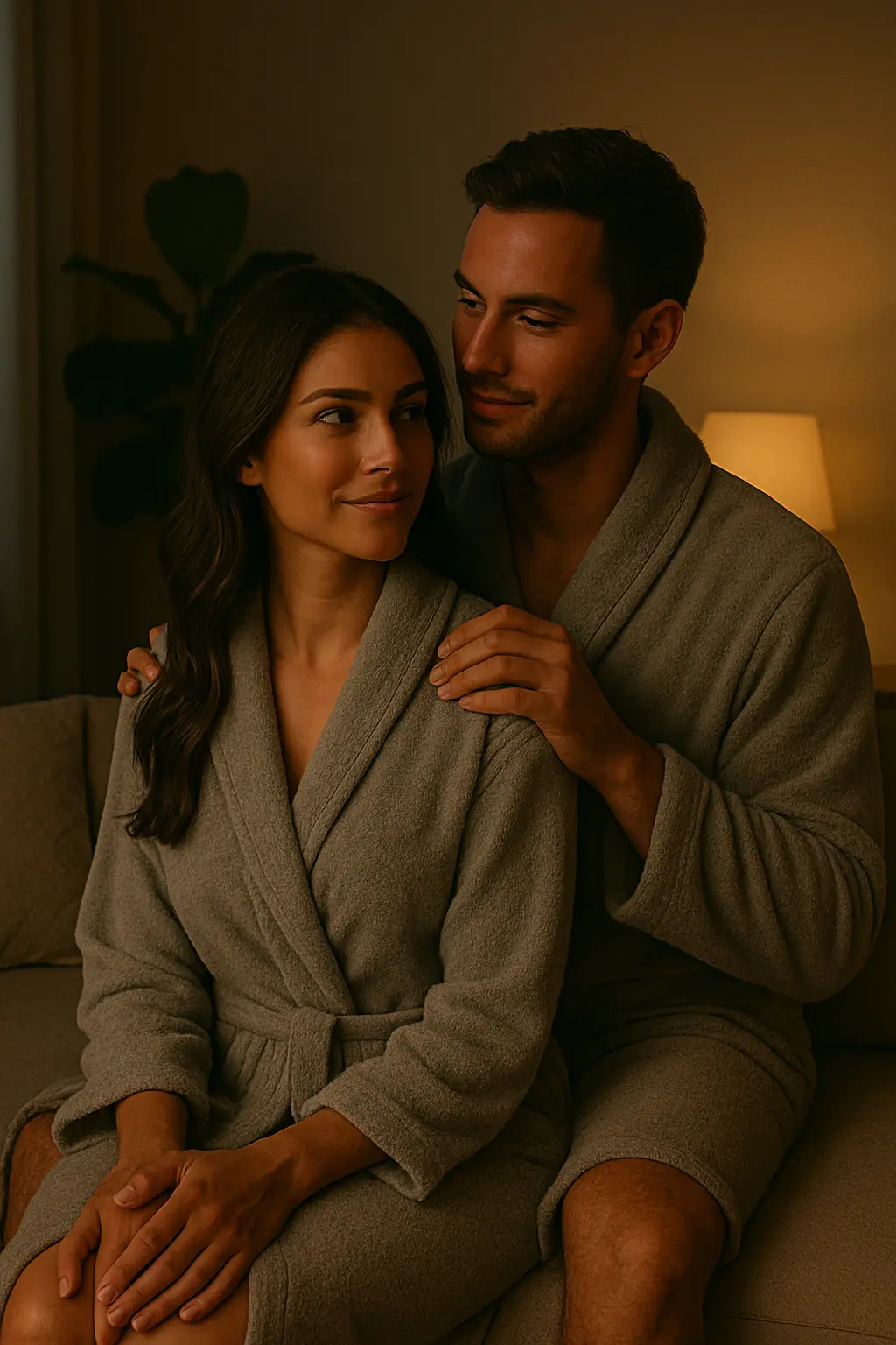 Couple sharing best foreplay connection sitting together in soft light wearing robes while he gently massages her shoulders with warmth and care