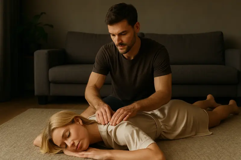 Man giving a relaxing back massage to his partner at home Couple Intimacy Guide Just Us