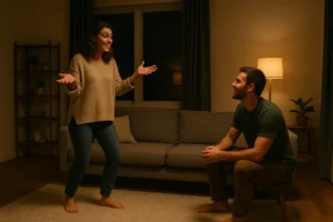 Couple guessing games at home where a woman acts out clues while her partner guesses and smiles
