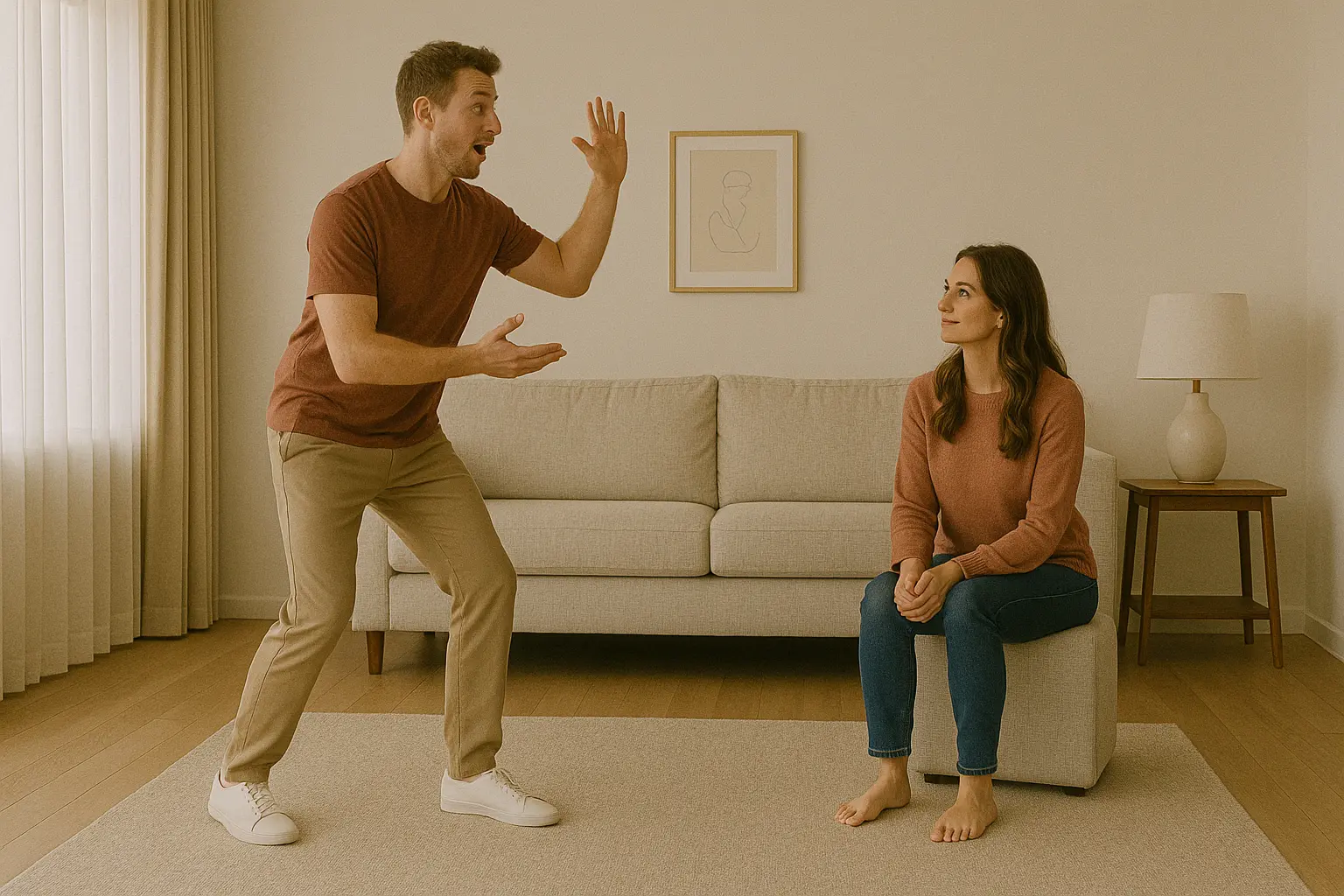 Couple guessing games at home with a man acting out clues while his partner watches and tries to guess
