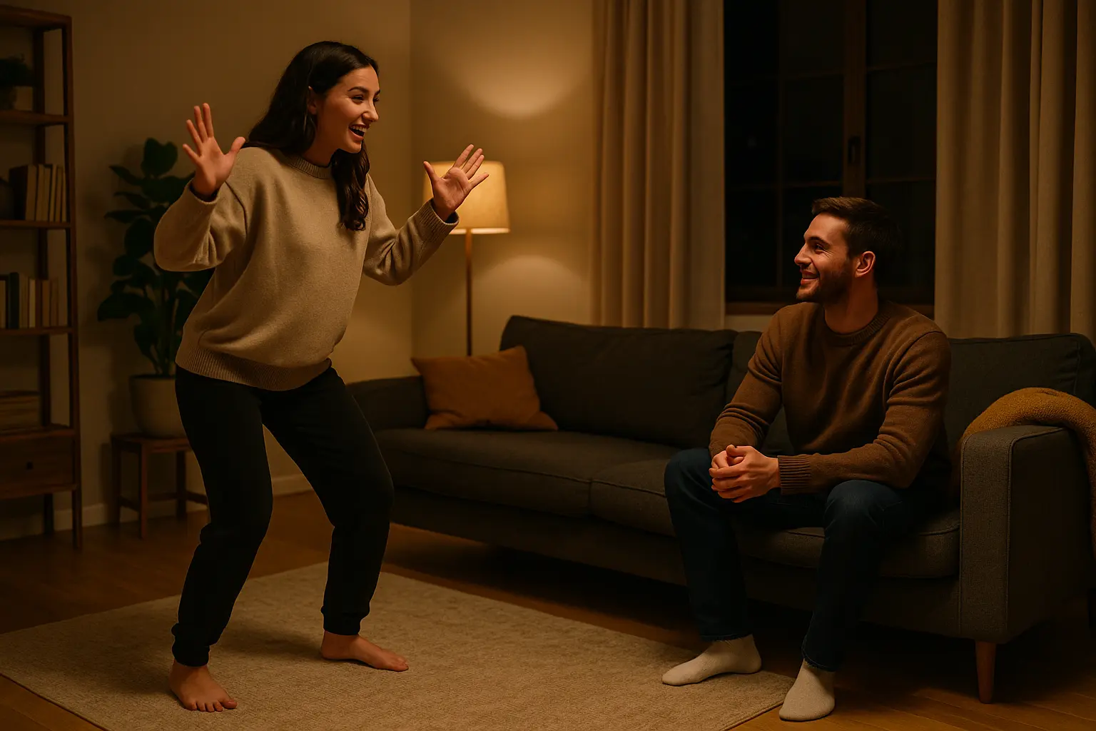 Couple guessing game at home with a woman acting playfully while her partner smiles and tries to guess her role