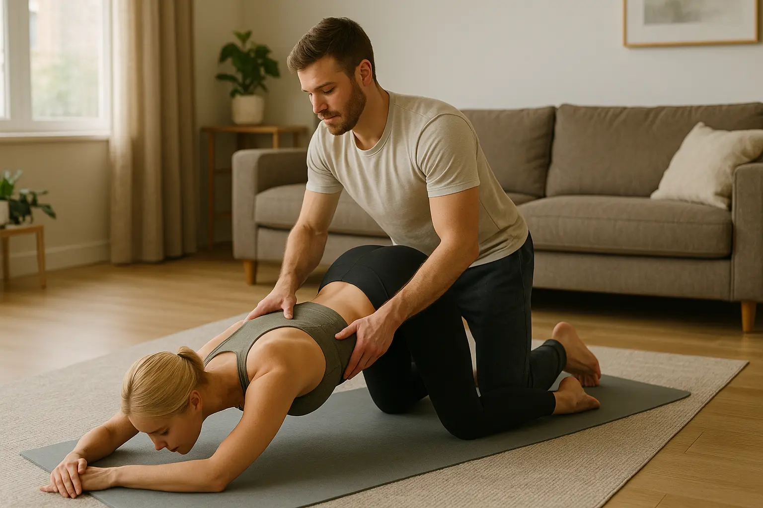 A man and woman are shown in the doggy style position in a cozy living room. She is on all fours with hands on the table while he holds her hips from behind. The scene captures the intimacy and natural connection of this popular sex position.