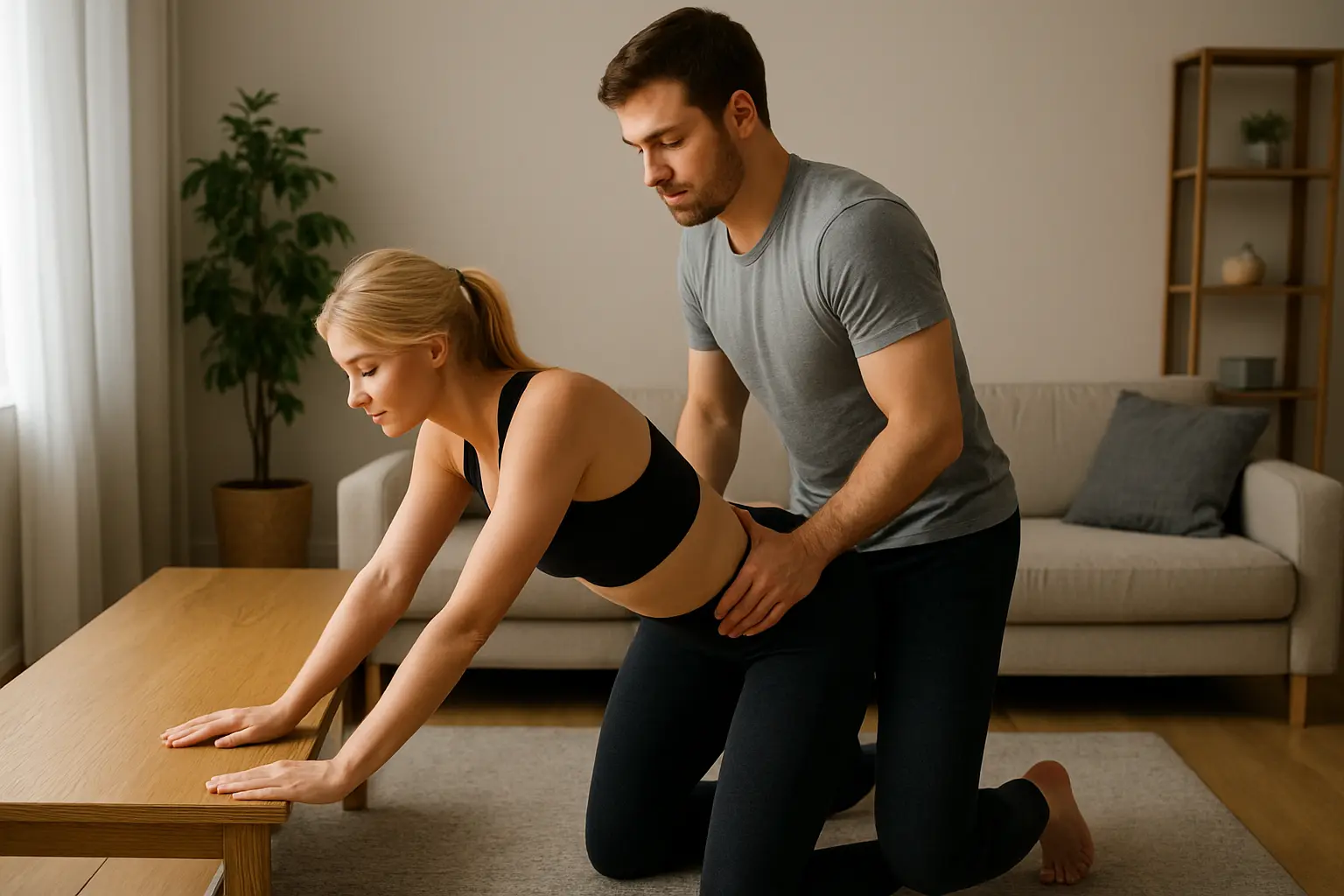 couple practicing doggy style position at home on a carpet in a bright living room