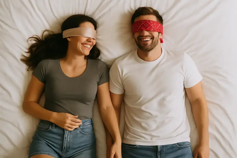 Couple blindfold game, man and woman laughing on bed while holding hands, playful and intimate moment.