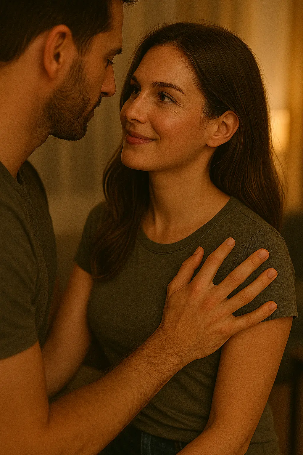 Man gently touching a woman’s shoulder while they look into each other’s eyes, showing how to touch a woman with warmth and care.