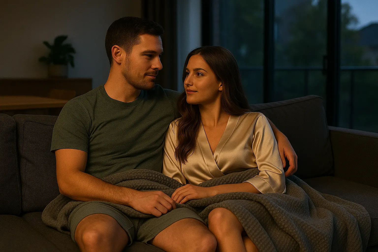 A couple sitting on a sofa covered with a blanket looking into each others eyes sharing quiet intimacy and love morning sex feeling calm and connected
