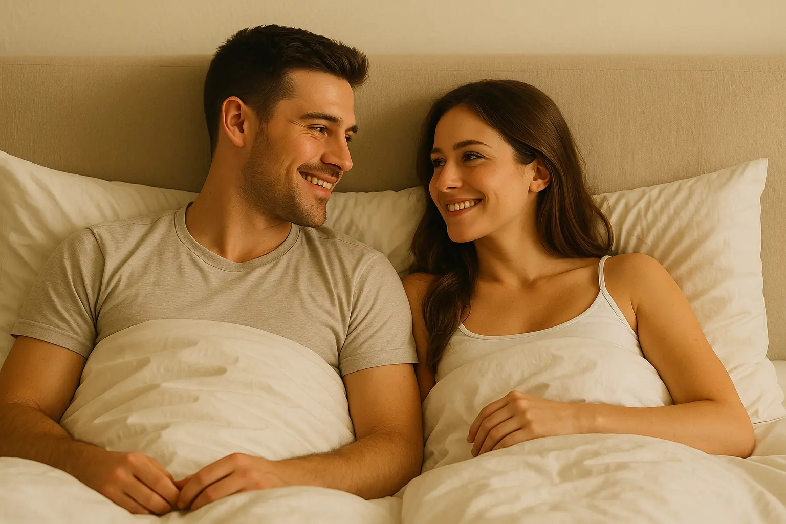A couple smiling at each other in bed during sunrise sharing soft morning intimacy and connection morning sex feeling warm and natural