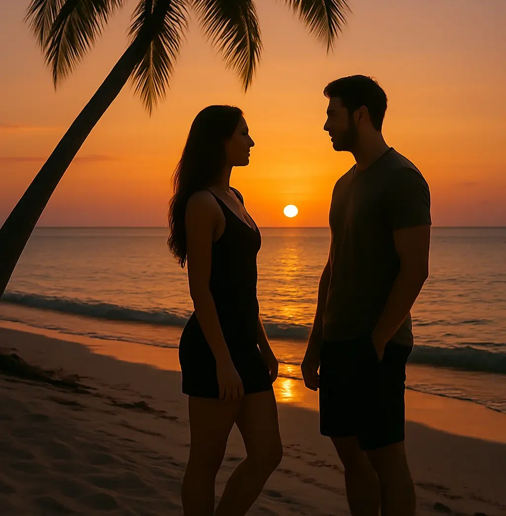 romantic roleplay scenario with a couple standing close on a tropical beach at sunset under a palm tree