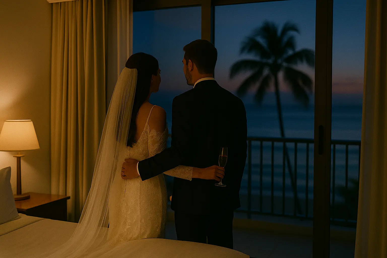 romantic roleplay scenario with a newlywed couple standing by the window at night overlooking the ocean