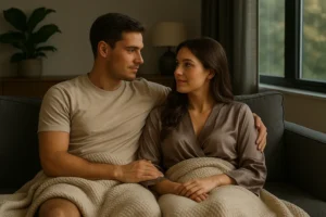 Couple sitting close together in soft morning light discovering the best time for sex