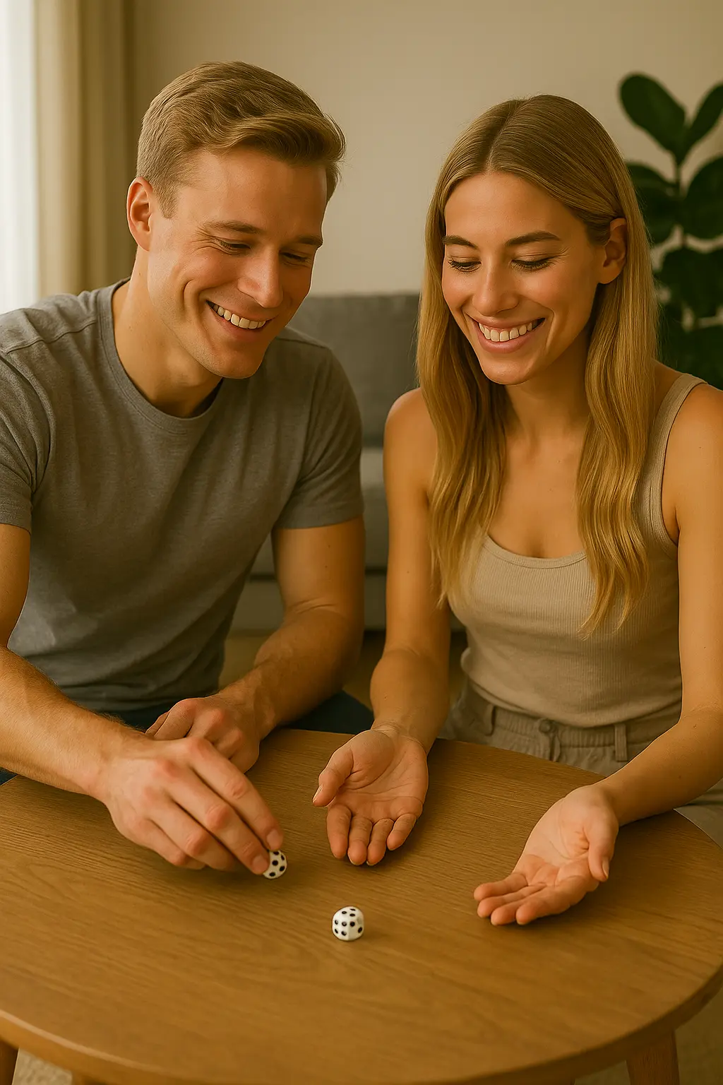 Smiling couple playing a dice game together at home, enjoying a playful and intimate moment