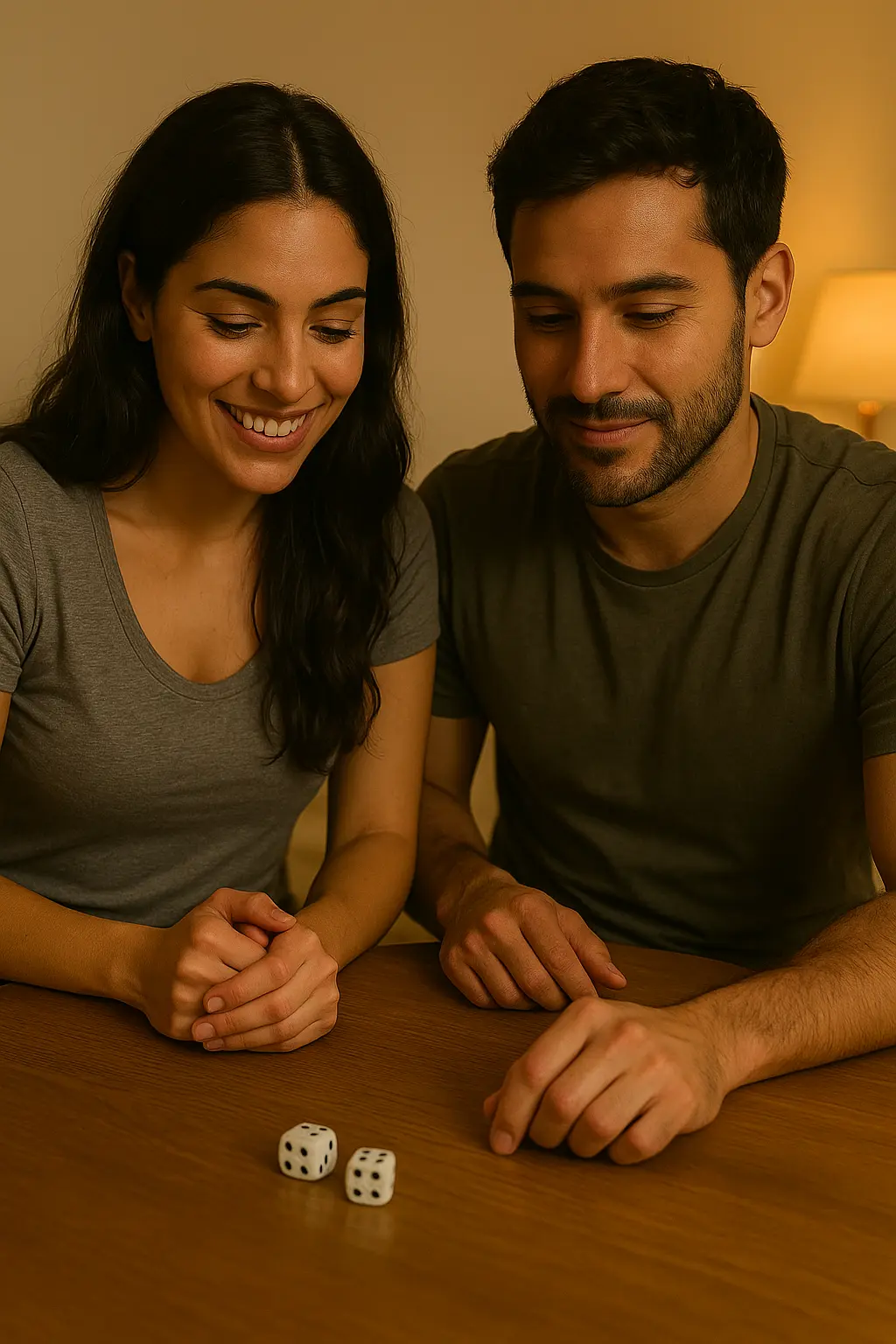 Couple smiling while playing a dice game together at home, creating a warm and intimate atmosphere