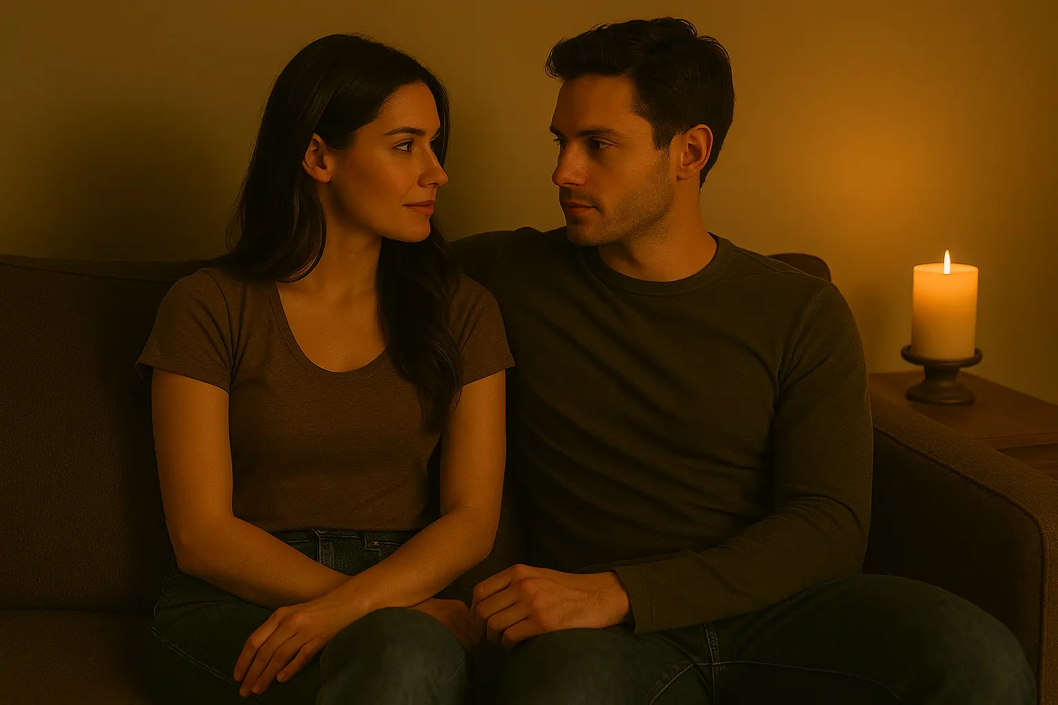 Couple sitting close on a sofa in warm candlelight sharing soft eye contact and a calm moment that shows how to start slow sex through presence and connection