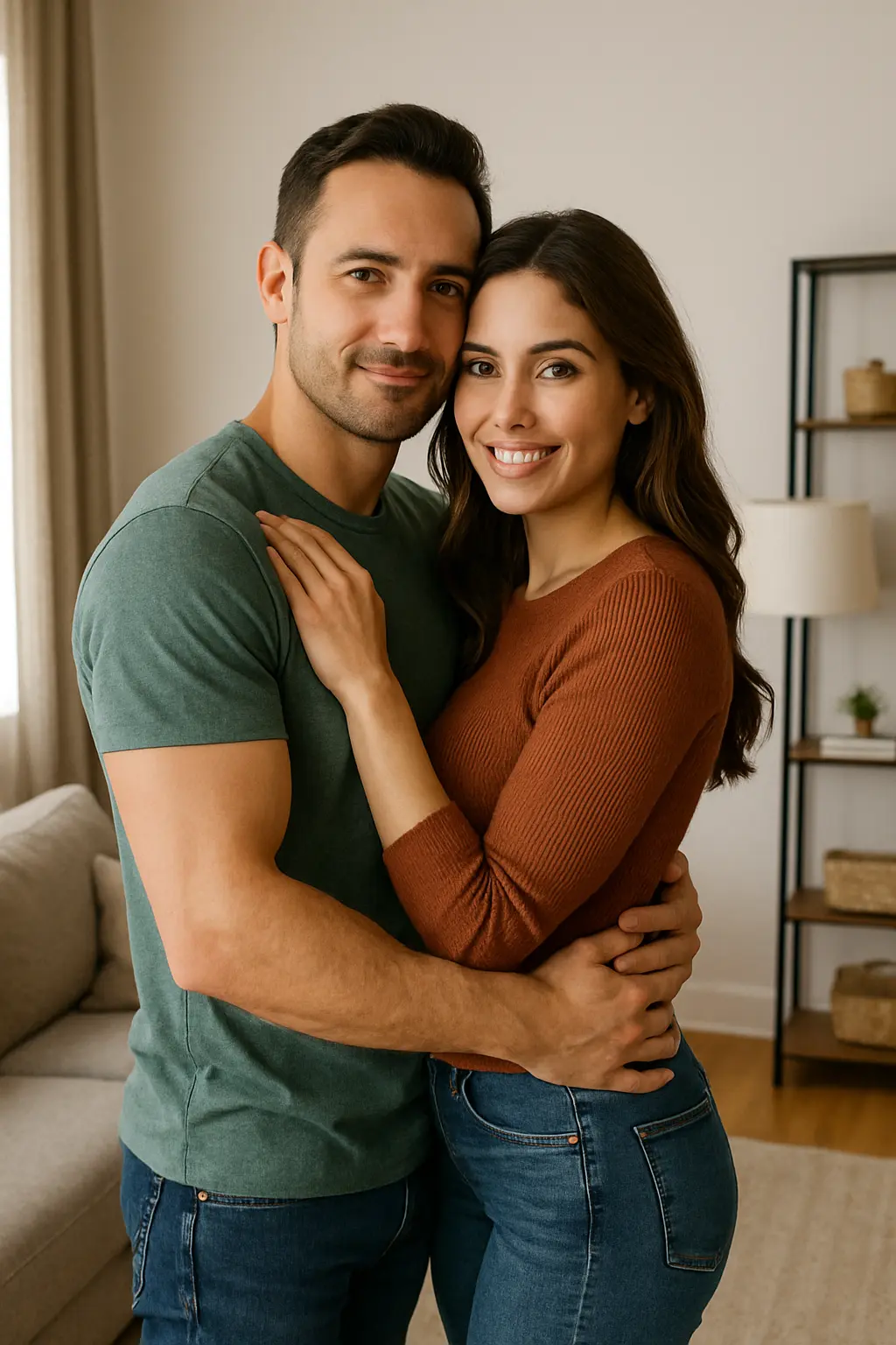 Happy couple holding each other in a warm living room, showing connection and comfort for an intimacy guide for couples
