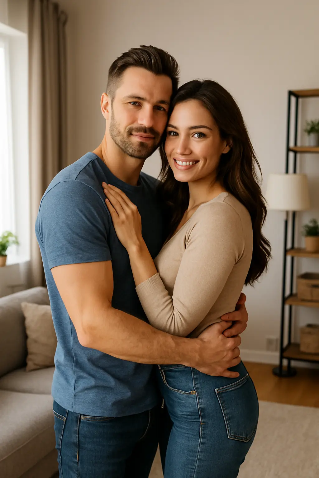 Couple holding each other warmly in a cozy living room, symbolizing connection and closeness for an intimacy guide for couples