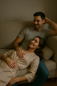 intimacy ideas for couples relaxing together on the couch in a warm quiet moment