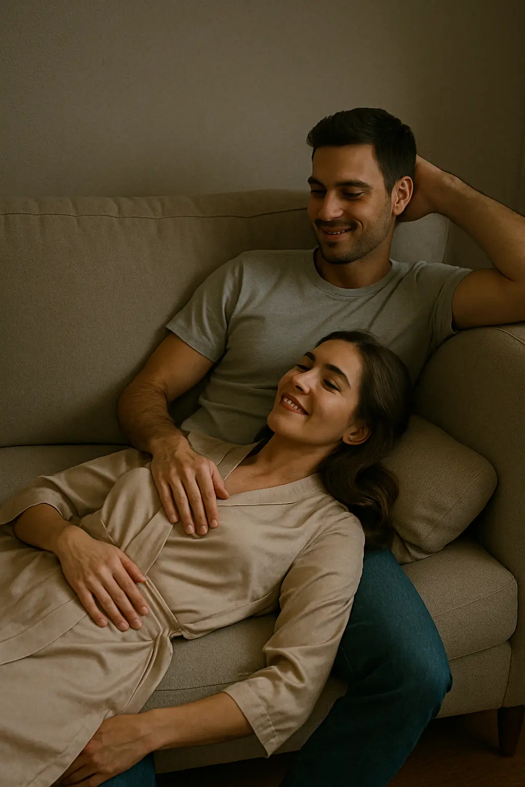 intimacy ideas for couples relaxing together on the couch in a warm quiet moment