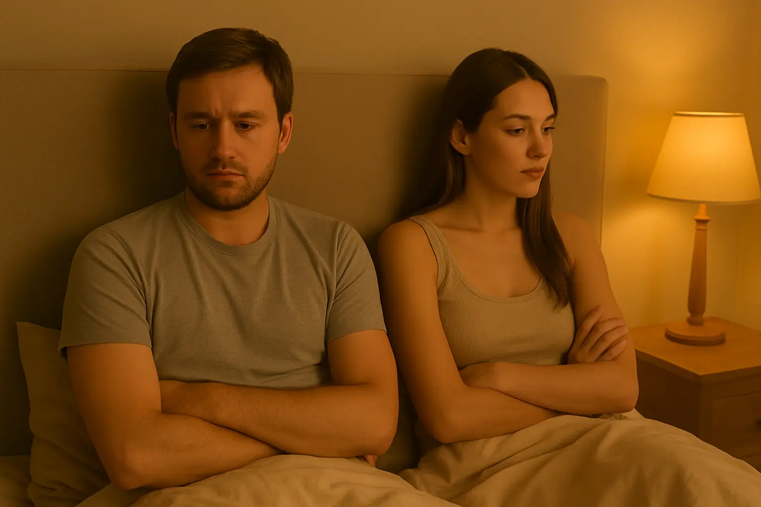 Couple sitting in bed with crossed arms and distant looks, showing emotional tension and low libido in relationships.