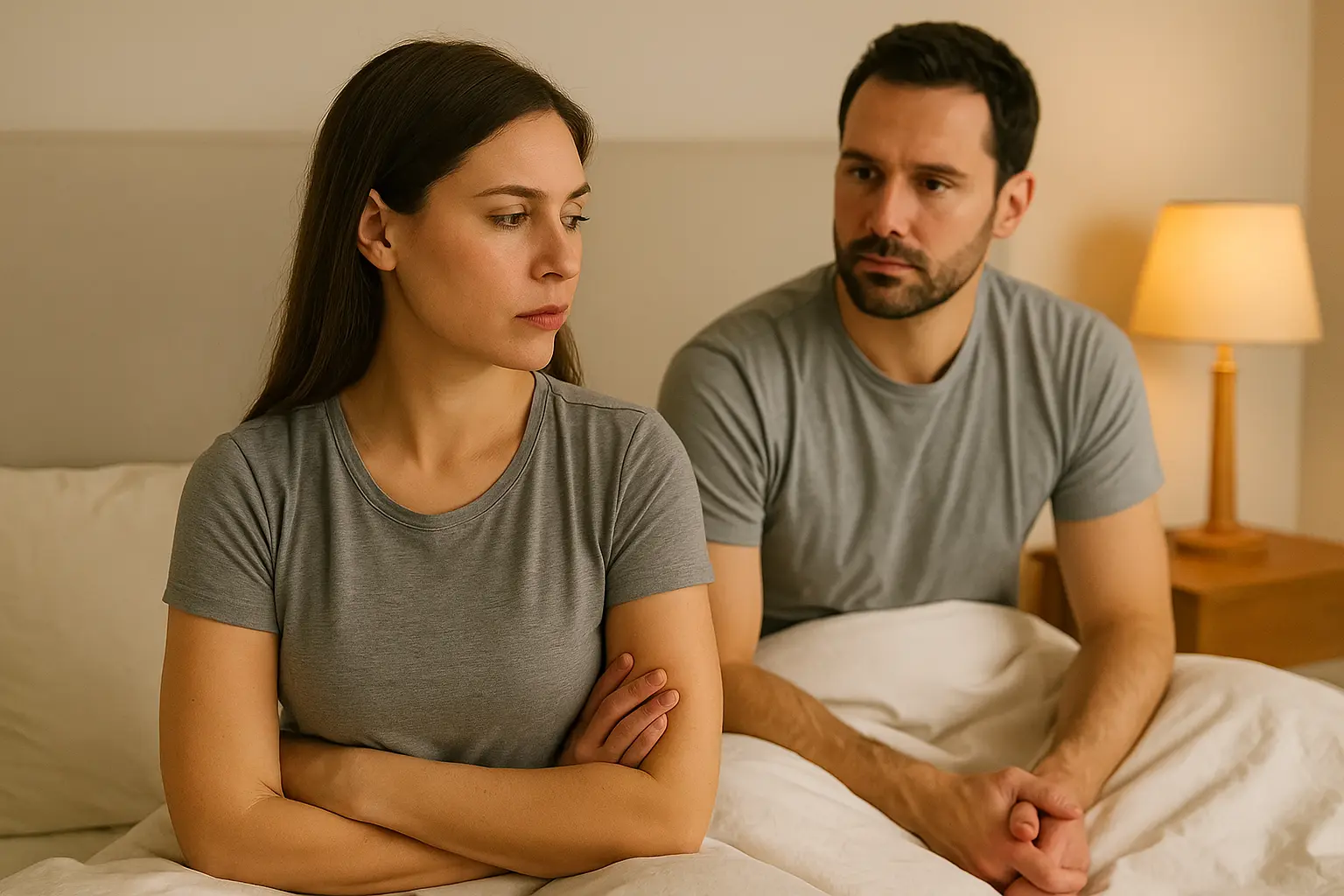 Couple sitting in bed looking distant from each other, showing low libido in relationships and emotional disconnection.