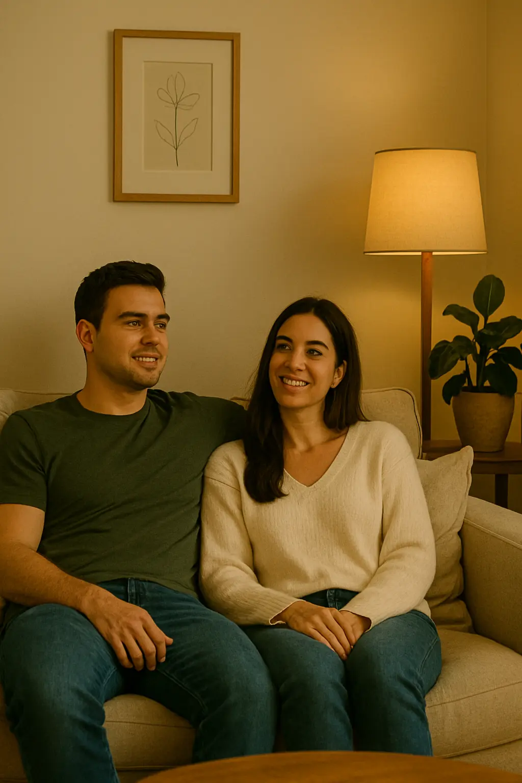 Couple sitting close on a sofa having a relaxed moment that reflects Talk About Sex With Your Partner
