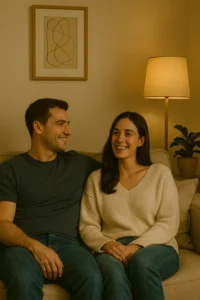 Couple sitting close on a sofa smiling warmly at each other during an intimate conversation about Talk About Sex With Your Partner