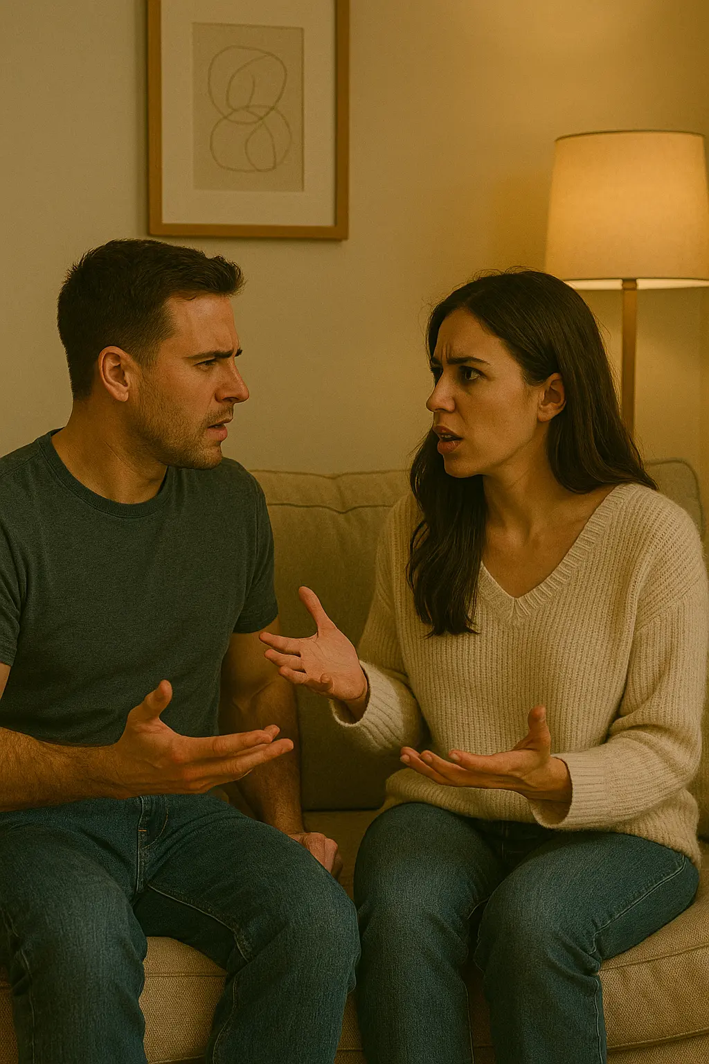 arguing in relationships couple sitting on the couch in a serious emotional discussion