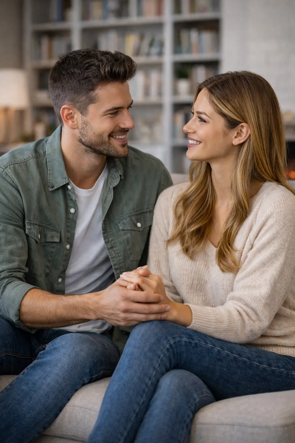 Couple smiling and holding hands while discussing communication problems in a relationship