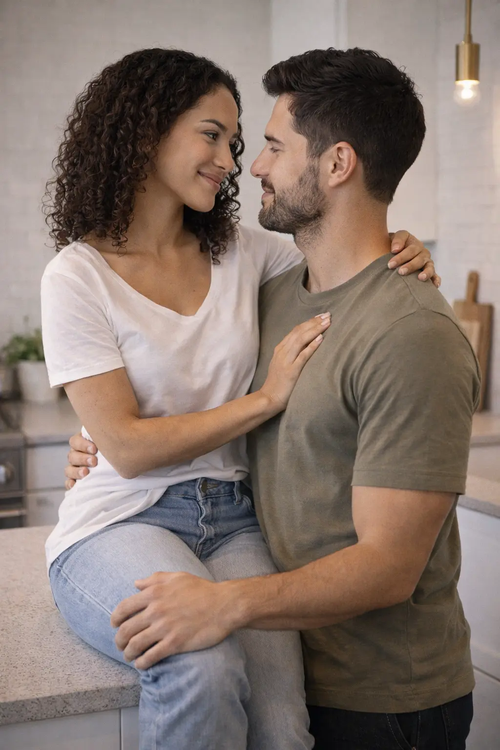 Guided intimacy for couples reconnecting through eye contact and gentle touch at home