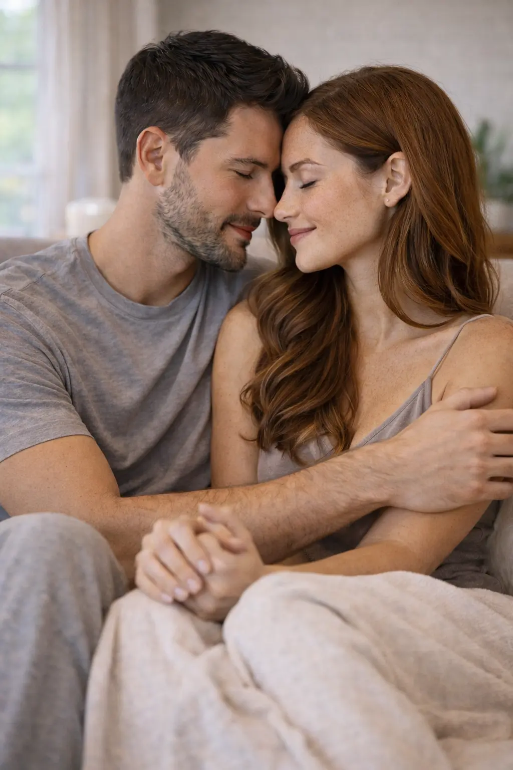 Guided intimacy for couples enjoying a soft, intimate moment together on the sofa