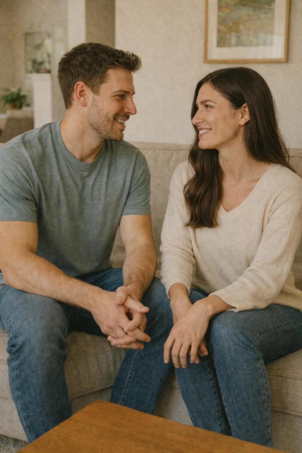 Couple smiling at each other while discussing feelings and learning how to talk about sex in a comfortable way