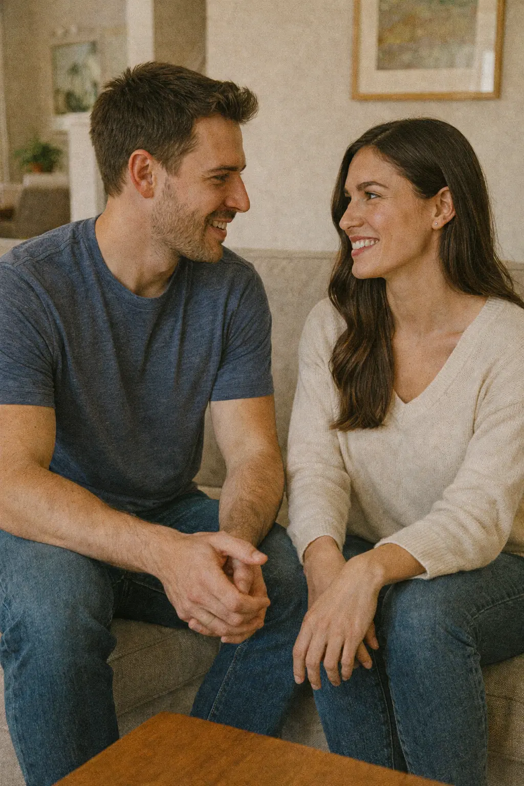 Couple sitting close and sharing a calm conversation, showing how to talk about sex openly and without fear